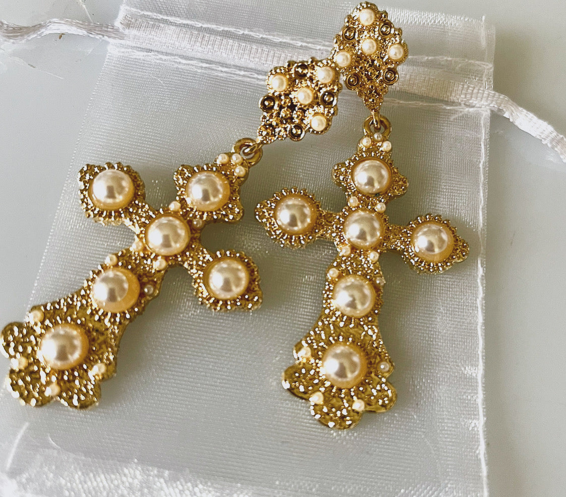 Pearl and Gold Cross earrings